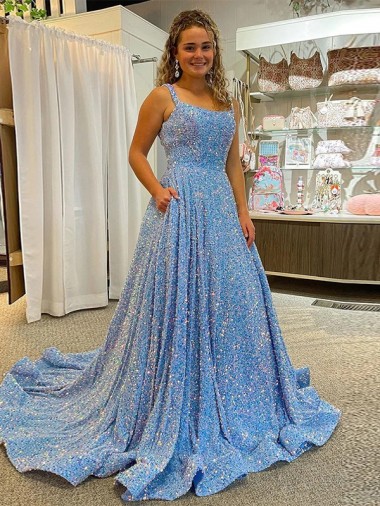 Blue A-Line Scoop Sleeveless Long Court Train Velvet Sequin Prom Dress Canada