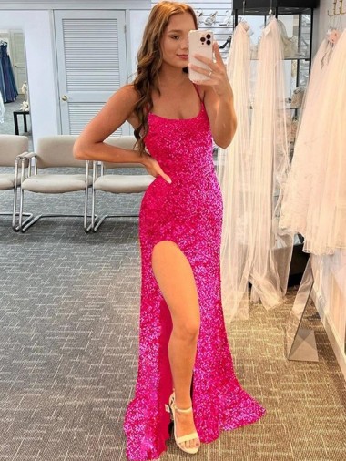 Fuchsia Sheath Spaghetti Straps Sleeveless Long Sweep Train Velvet Sequin Prom Dress Canada