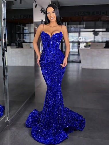 Royal Blue Mermaid Spaghetti Straps Sleeveless Long Sweep Train Velvet Sequin Prom Dress Canada
