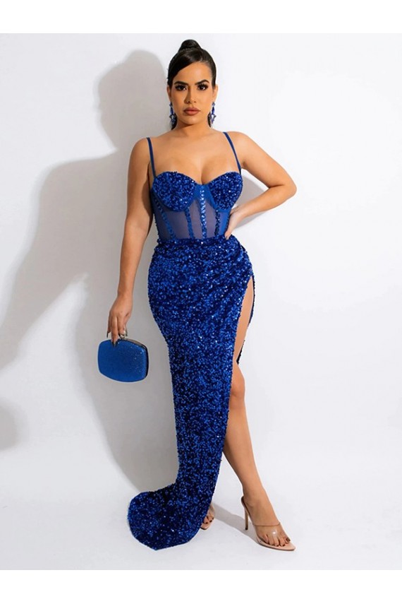 Long Sweep Train Royal Blue Sheath Spaghetti Straps Sleeveless Velvet Sequin Prom Dress Canada