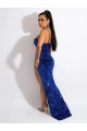 Long Sweep Train Royal Blue Sheath Spaghetti Straps Sleeveless Velvet Sequin Prom Dress Canada