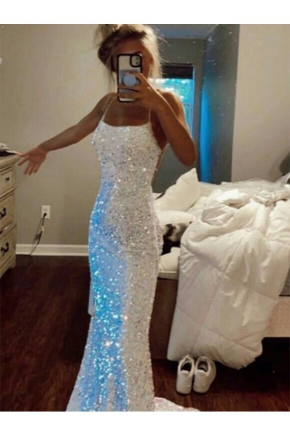 Long Sheath Spaghetti Straps Sleeveless Sweep Train Velvet Sequin Prom Dress Canada