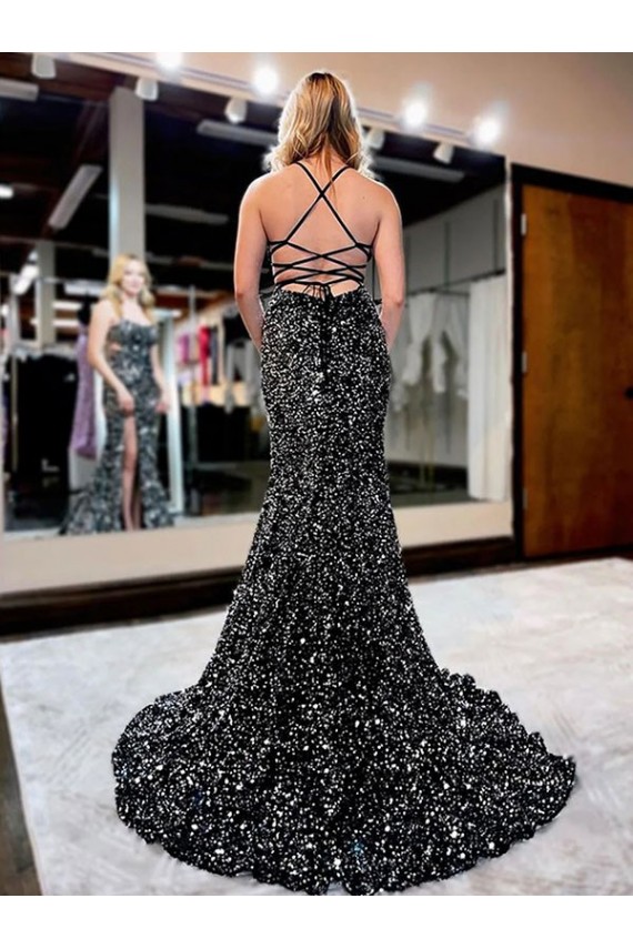Sheath Spaghetti Straps Sleeveless Long Sweep Train Velvet Sequin Prom Dress Canada
