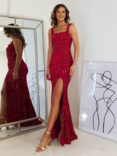 Burgundy Sheath Square Sleeveless Long Floor Length Velvet Sequin Prom Dress Canada