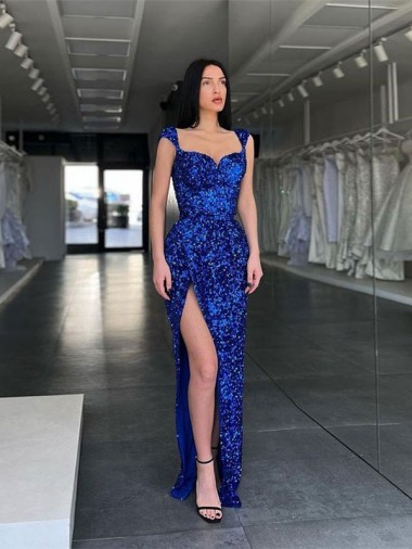 Royal Blue Sheath Straps Sleeveless Long Sweep Train Velvet Sequin Prom Dress Canada