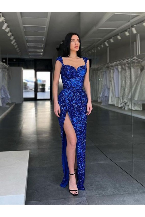 Royal Blue Sheath Straps Sleeveless Long Sweep Train Velvet Sequin Prom Dress Canada