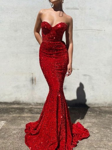 Burgundy Mermaid Sweetheart Sleeveless Long Court Train Velvet Sequin Prom Dress Canada