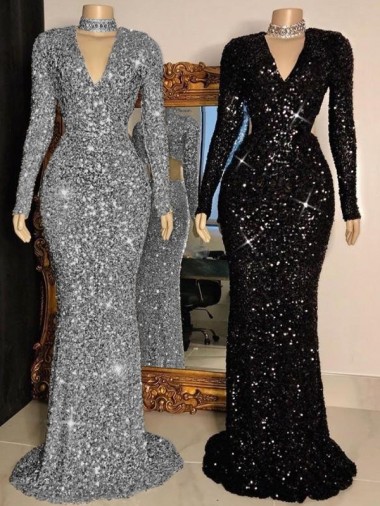 Black Sheath V-Neck Long Sleeves Long Sweep Train Velvet Sequin Prom Dress Canada