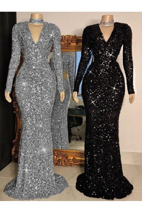 Black Sheath V-Neck Long Sleeves Long Sweep Train Velvet Sequin Prom Dress Canada
