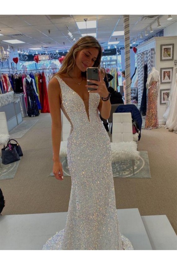 Sheath V-Neck Sleeveless Long Velvet Sequin Prom Dress with Sweep Train Canada