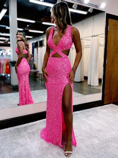 Sheath Long V-Neck Sleeveless Sweep Train Velvet Sequin Prom Dress Canada