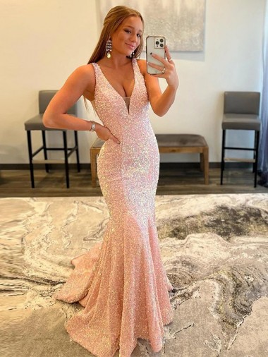 Sheath V-Neck Sleeveless Long Sweep Train Velvet Sequin Prom Dress Canada