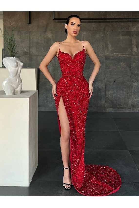 Red Sheath V-Neck Sleeveless Long Sweep Train Velvet Sequin Prom Dress Canada