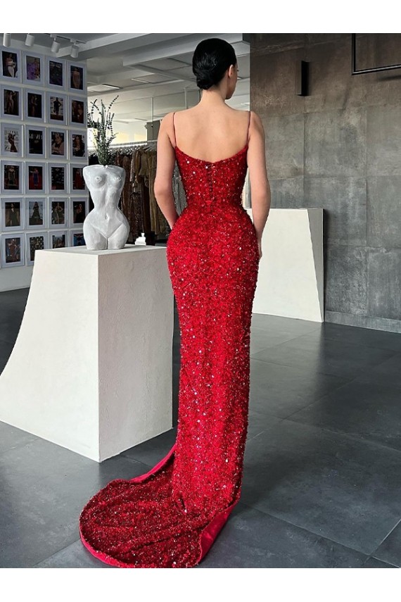 Red Sheath V-Neck Sleeveless Long Sweep Train Velvet Sequin Prom Dress Canada