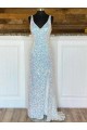 White Sheath V-Neck Sleeveless Long Sweep Train Velvet Sequin Prom Dress Canada