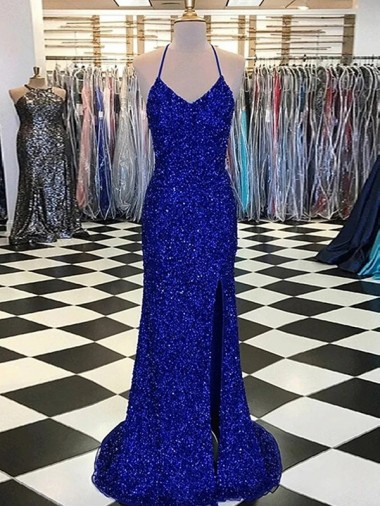 Royal Blue Sheath V-Neck Sleeveless Long Velvet Sequin Prom Dress Canada
