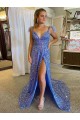 Blue A-Line V-Neck Sleeveless Long Court Train Velvet Sequin Prom Dress Canada