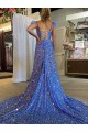 Blue A-Line V-Neck Sleeveless Long Court Train Velvet Sequin Prom Dress Canada