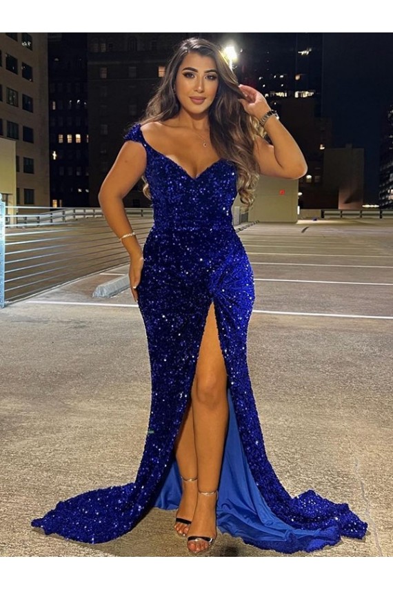Royal Blue Sheath V-Neck Sleeveless Long Sweep Train Velvet Sequin Prom Dress Canada