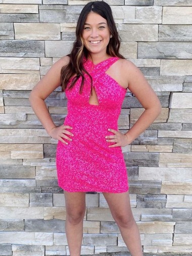 Fuchsia Sheath Halter Sleeveless Short Velvet Sequin Prom Dress Canada