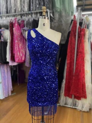 Royal Blue Sheath One Shoulder Sleeveless Short Velvet Sequin Prom Dress Canada