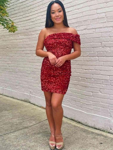 Burgundy Sheath One Shoulder Sleeveless Short Velvet Sequin Prom Dress Canada