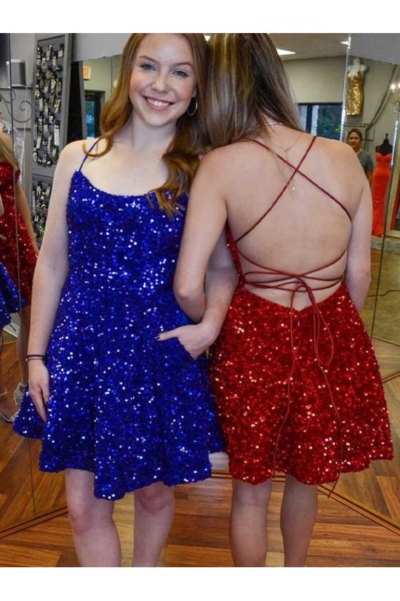 Royal Blue & Burgundy A-Line Spaghetti Straps Sleeveless Short Velvet Sequin Prom Dress Canada