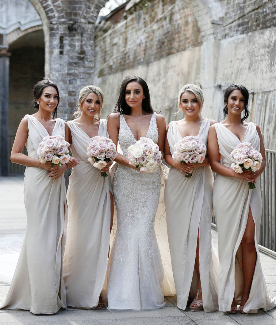 Sexy Long Chiffon Dusty Blue Bridesmaid Dresses with High Slit and Front Ruffles (AF0375)